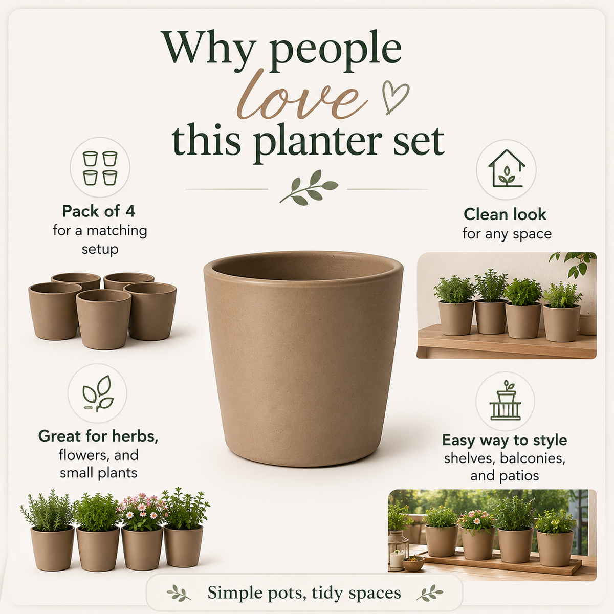 Promotional graphic for a 4-pack of small brown planter pots. The central product is a large brown pot, with smaller matching pots shown around it in a matching set arrangement.