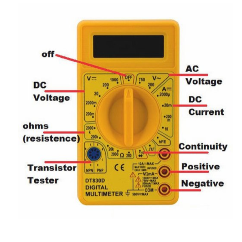 DT830D digital multimeter with test leads for voltage, current and resistance measurement