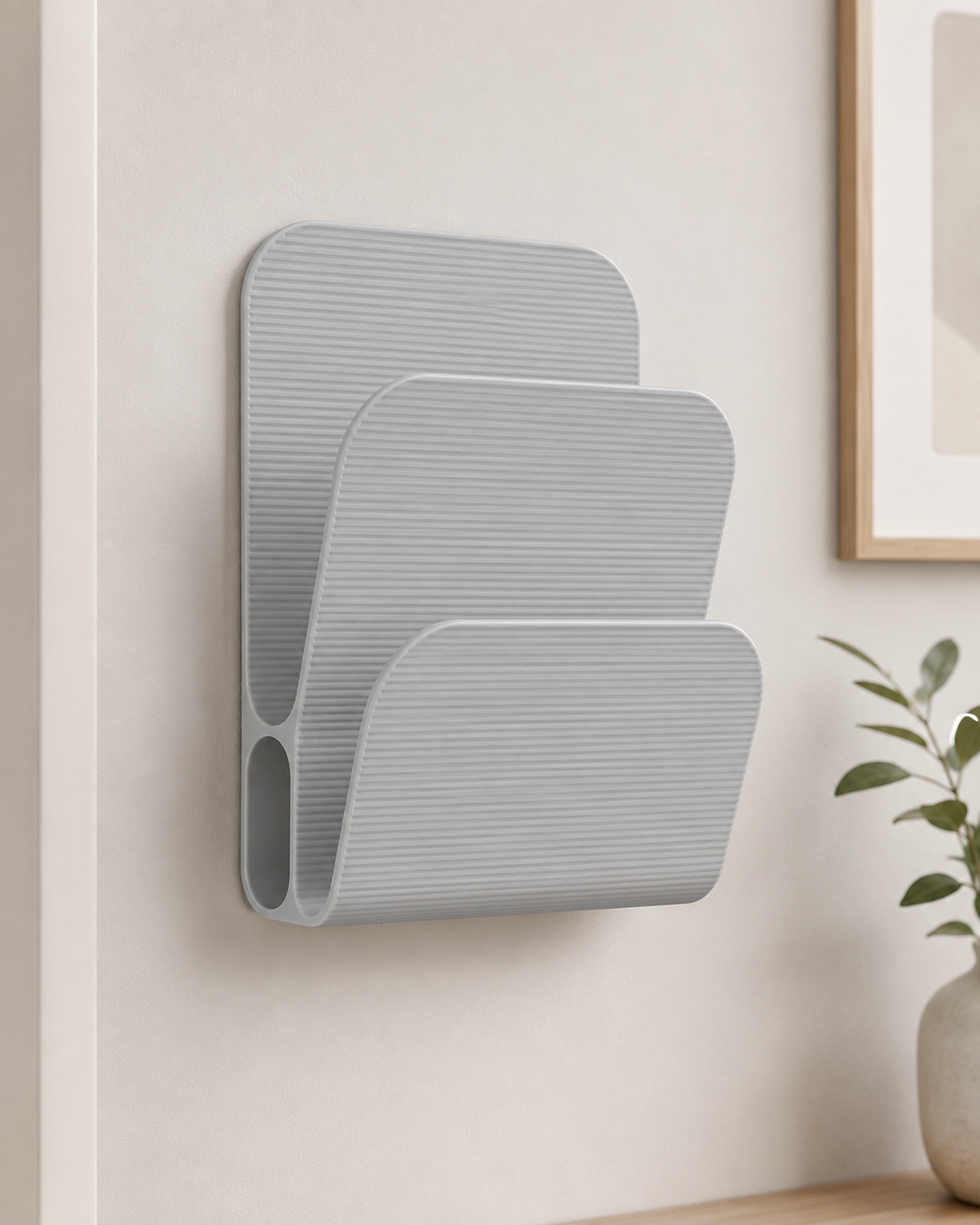 A light gray wall-mounted organizer with three angled slots, shown mounted on a beige wall in a styled interior setting with a framed print and a small plant visible.