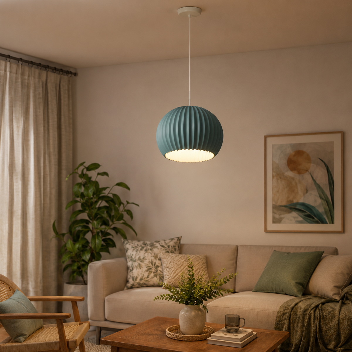 A modern teal-blue ribbed pendant light hangs over a beige sofa in a styled living room with a wooden coffee table, cushions, a potted plant, and framed wall art.