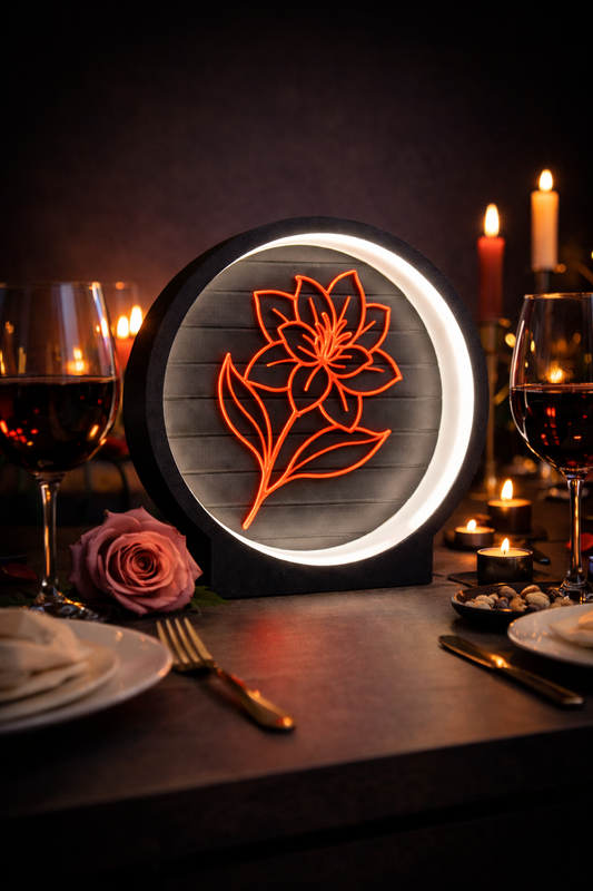 Decorative light with floral design on a table setting with wine glasses and candles.