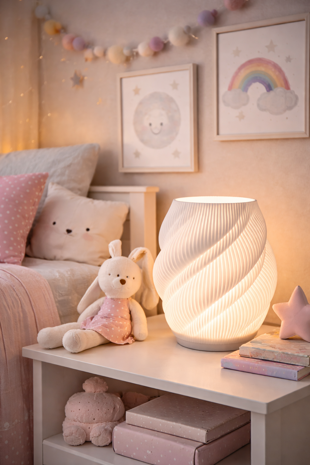 Children's room with a soft, cozy atmosphere featuring a lamp, plush toys, and decorative elements.