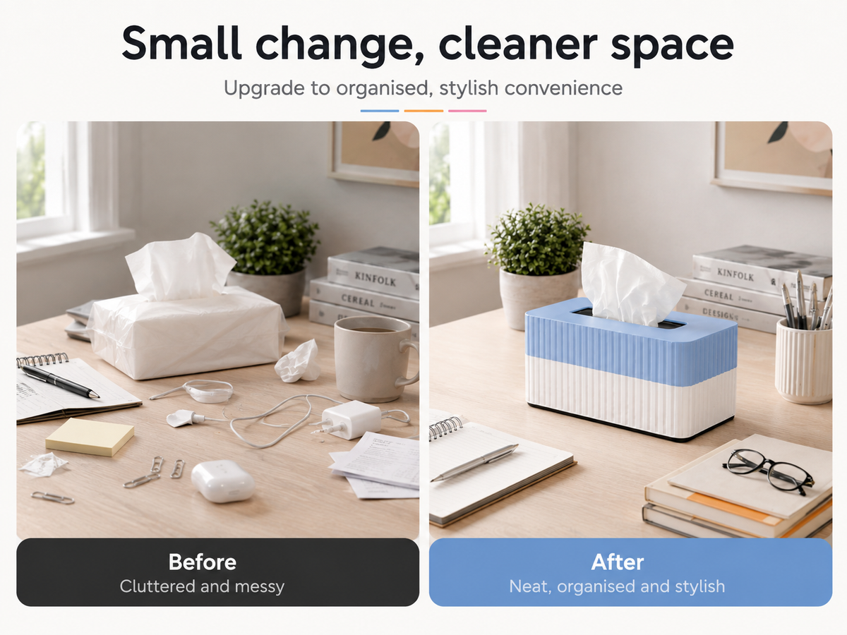 A promotional comparison graphic showing a tissue box on a desk in a before-and-after layout. The left panel, labeled 'Before,' shows a messy desk with crumpled tissue, loose accessories, and an unorganized tissue box.