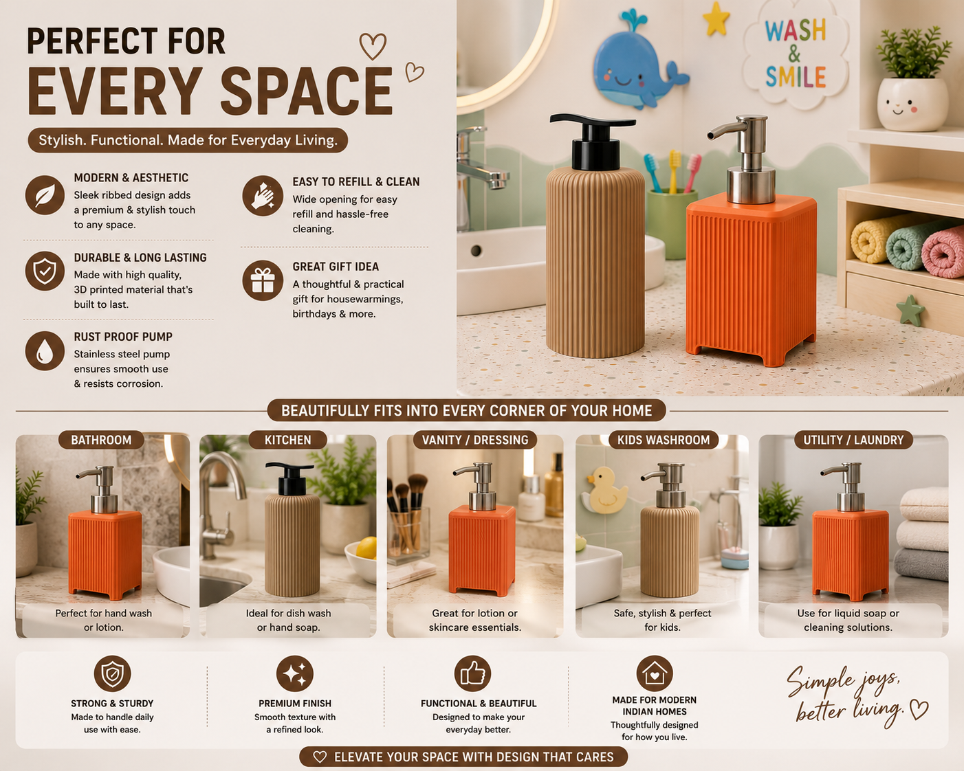 An infographic banner showcasing an orange and black pump dispenser in various home environments, including a bathroom vanity, kitchen sink, kids' bathroom, and utility area. The graphic features text overlays highlighting the dispenser's features such as 'Moodin & Aesthetic', 'Easy to Refill & Clean', and 'Beautifully Fits into Every Corner of Your Home'.
