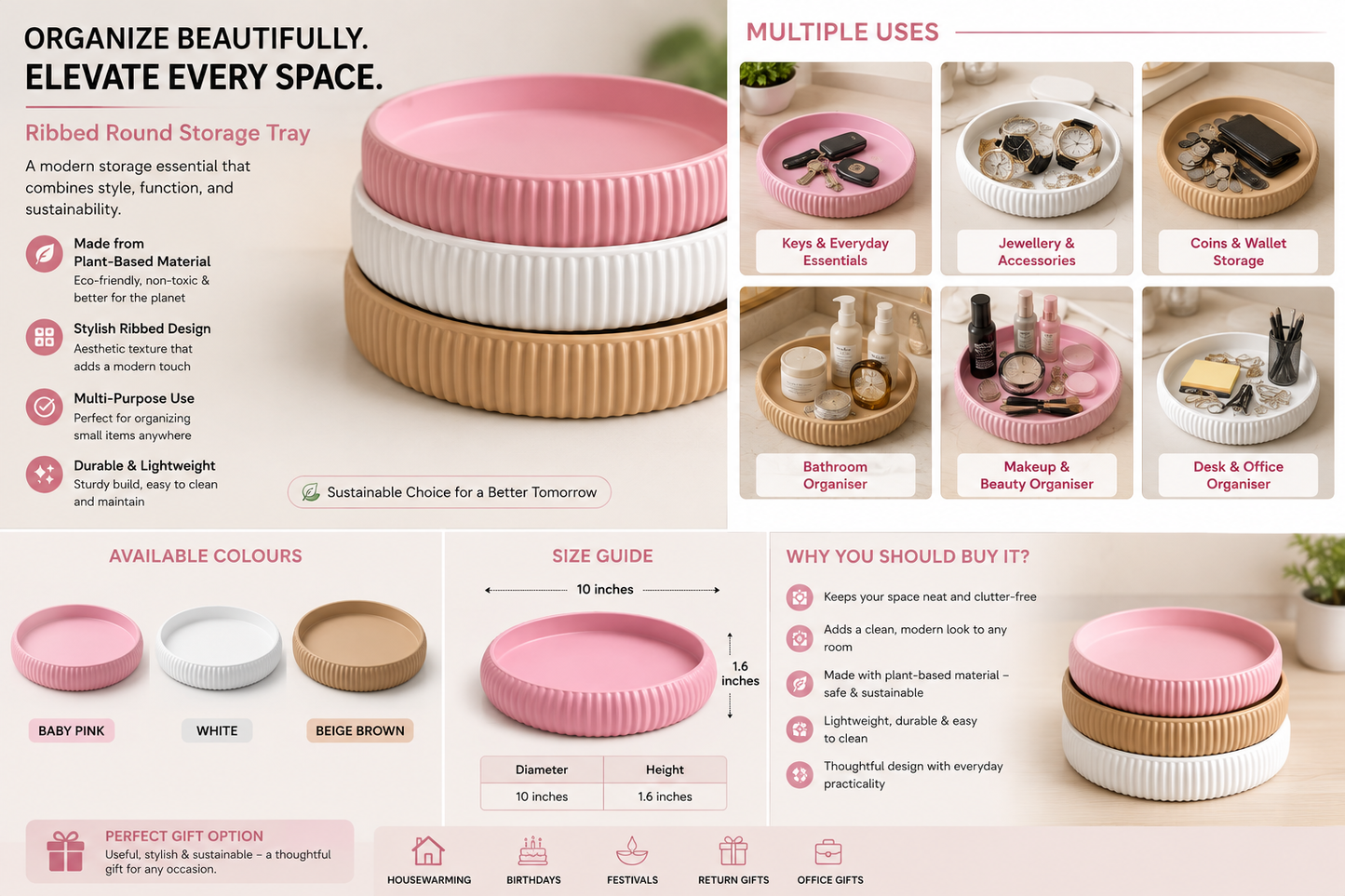 A promotional infographic for a ribbed round storage tray, showing the product in pink and beige colors, its multiple uses, available colors, dimensions, and benefits. The layout is clean and informative with multiple panels and illustrations.