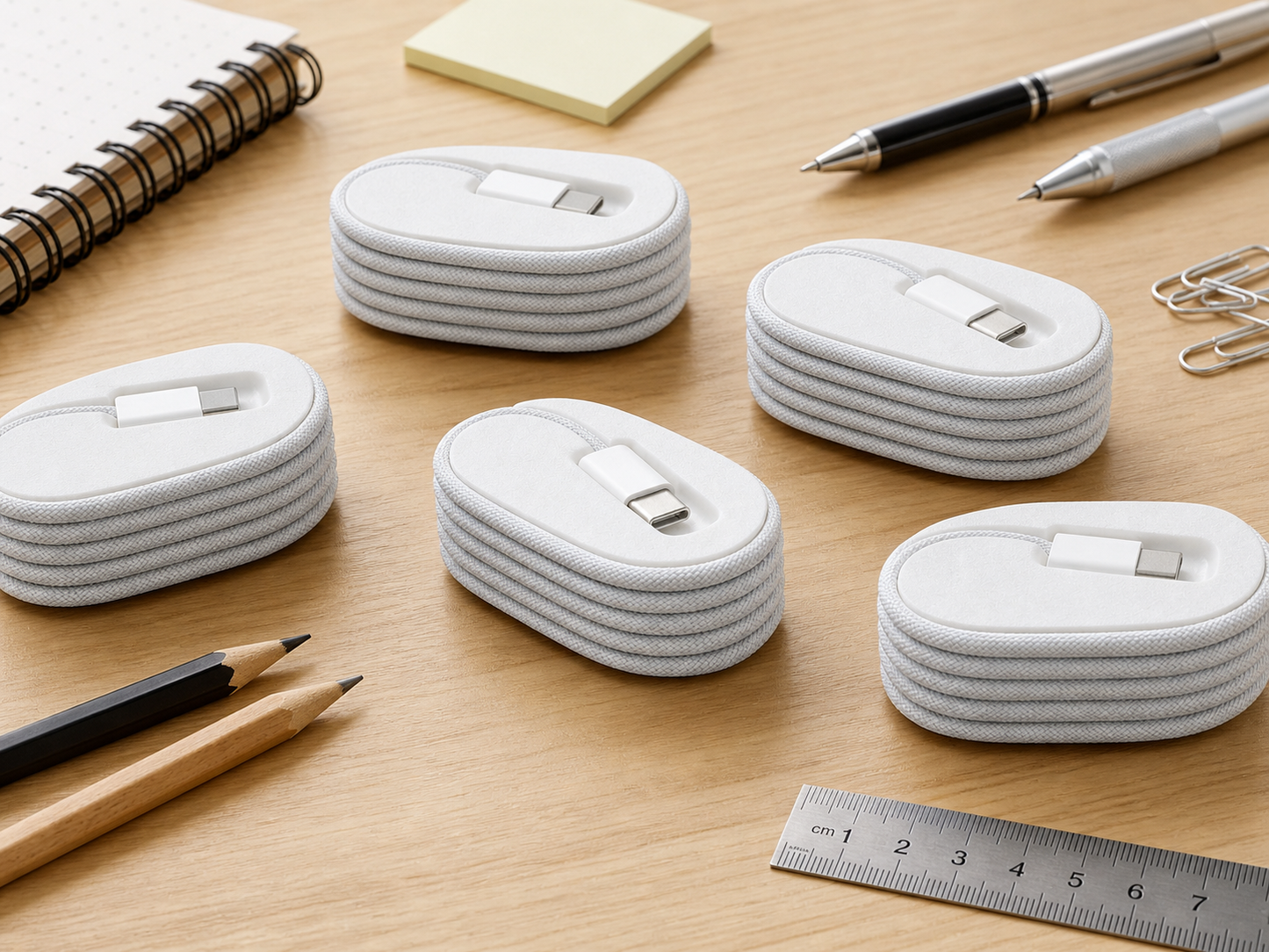 White USB-C charging cable holder for cable management, wire storage and tangle-free travel use
