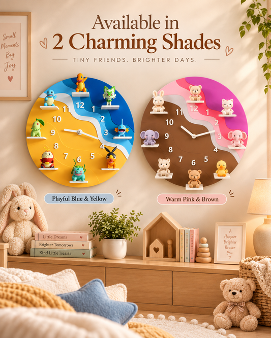 Two round wall clocks with cartoon animal hour markers are displayed in a cozy children's bedroom setting. The left clock is blue and yellow with colorful monster characters, and the right clock is pink and brown with cute animal characters.