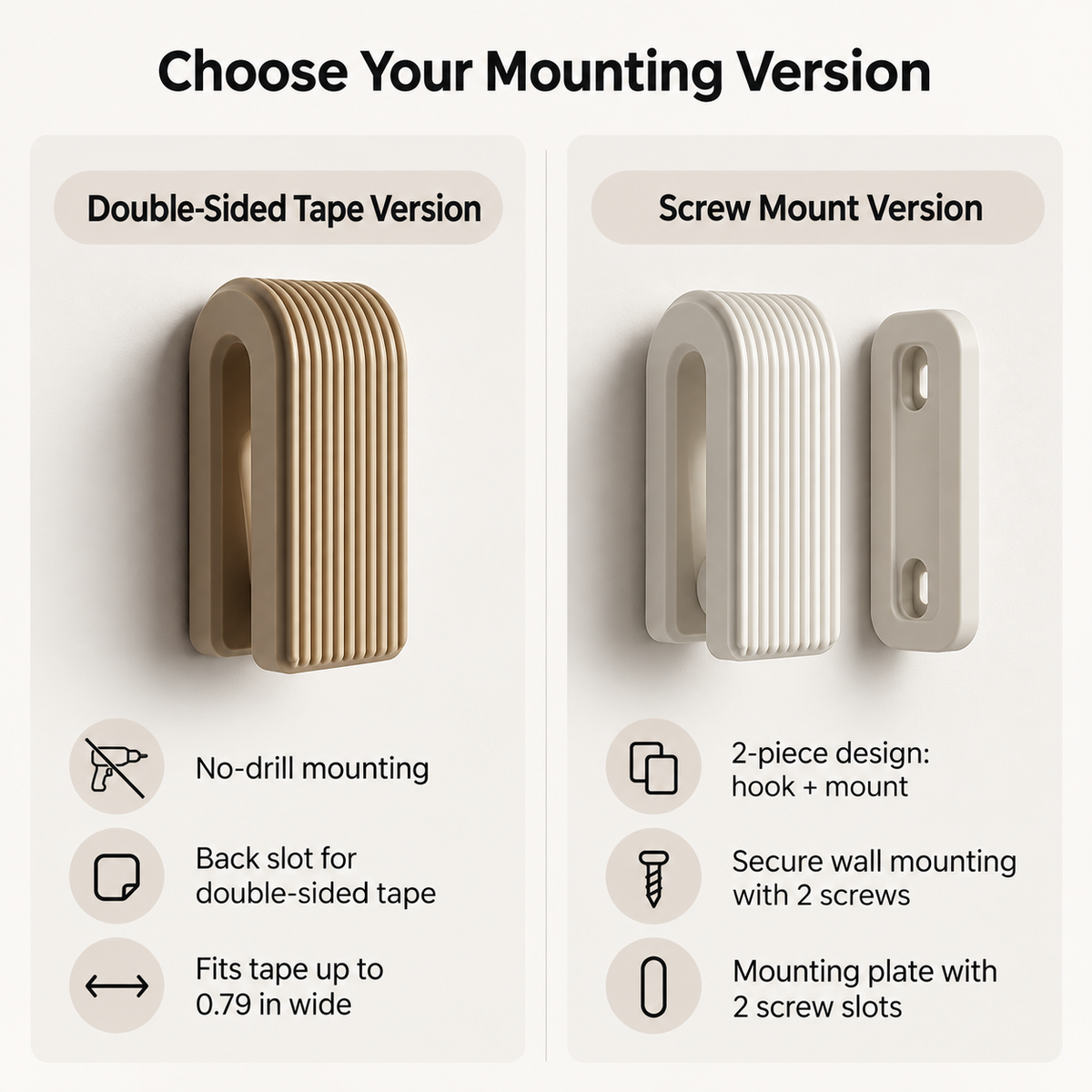 A comparison graphic showing two mounting versions for a hook-style product: Double-Sided Tape Version in tan and Screw Mount Version in off-white. The image includes text describing features such as no-drill mounting, back slot for tape, fit width up to 0.