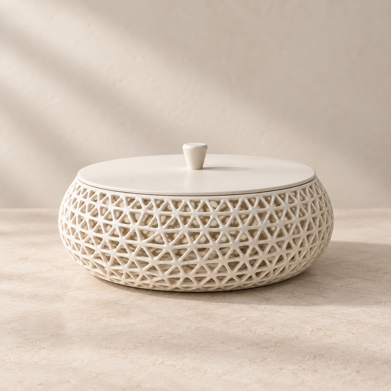 A round ceramic lidded container with an intricate open geometric triangle pattern on the body and a smooth matching lid with a small top knob, shown on a neutral beige surface with soft shadows.