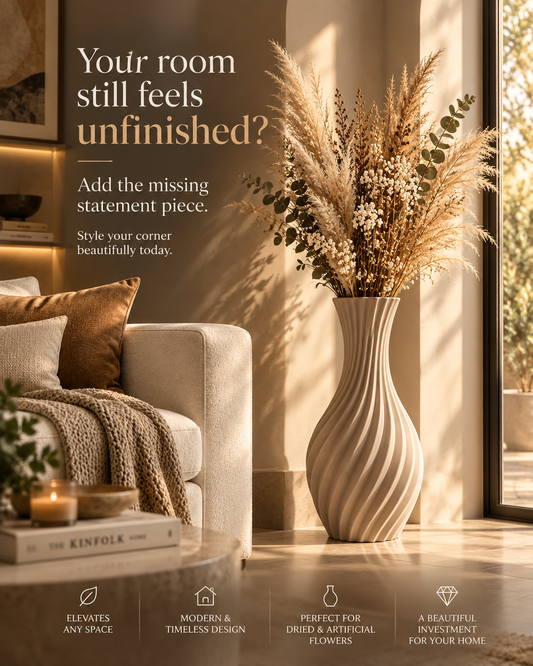 A tall ribbed ceramic vase filled with dried grasses and small white flowers, placed in a sunlit living room beside a sofa and window. Large promotional text appears on the left, and small feature icons line the bottom.