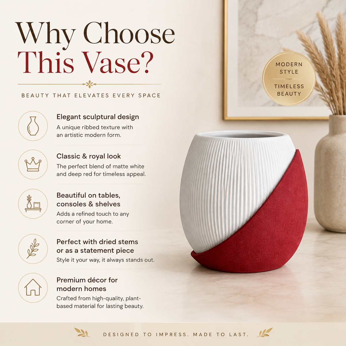 A modern ceramic vase with a white ribbed upper body and a matte red lower section, shown on a beige promotional background with text callouts and a framed art print.