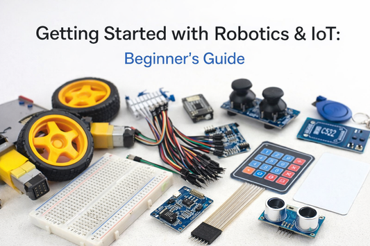 Beginner robotics and IoT components setup with breadboard, ESP8266 module, jumper wires, sensors and robot chassis parts