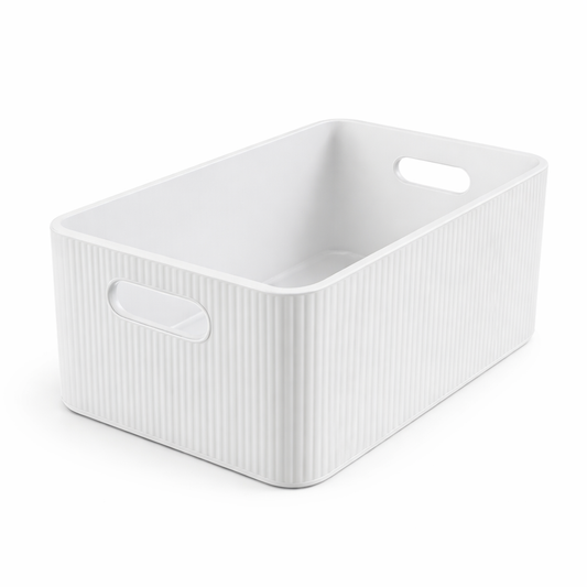 White rectangular storage bin with handles on a white background