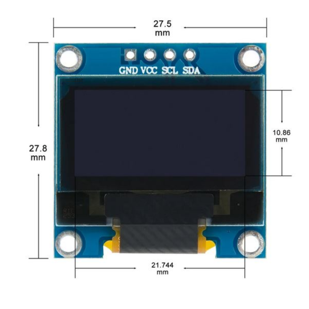 OLED display module with labeled pins and dimensions on a white background