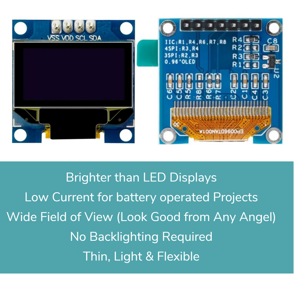 OLED display module with text highlighting its features on a white background