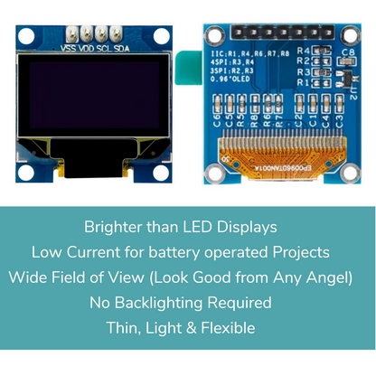OLED display module with text highlighting its features on a white background