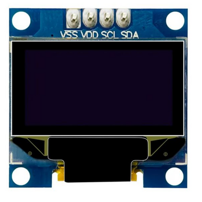Small display module with connectors on a blue background