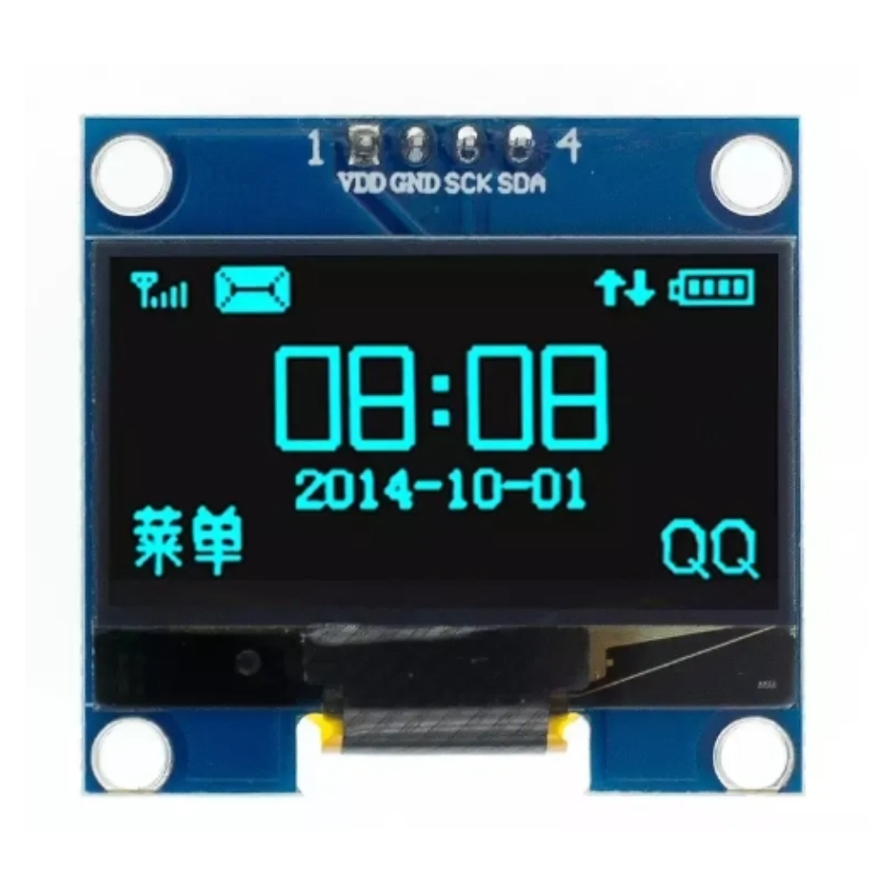 Small electronic display module with digital time and date on a white background
