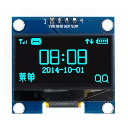 Small electronic display module with digital time and date on a white background