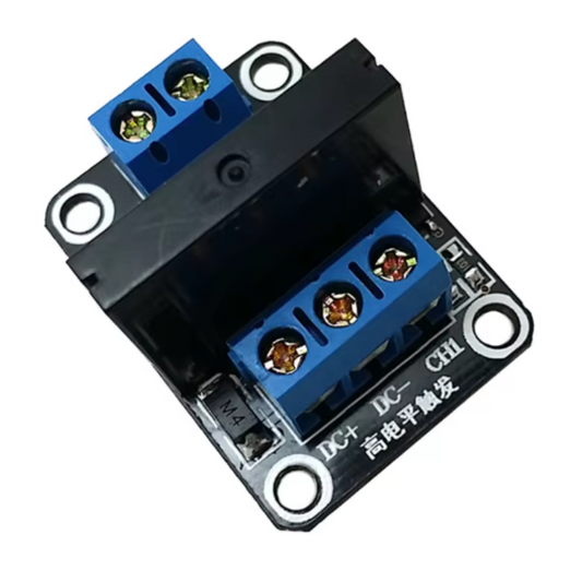 Electronic component with blue connectors on a white background