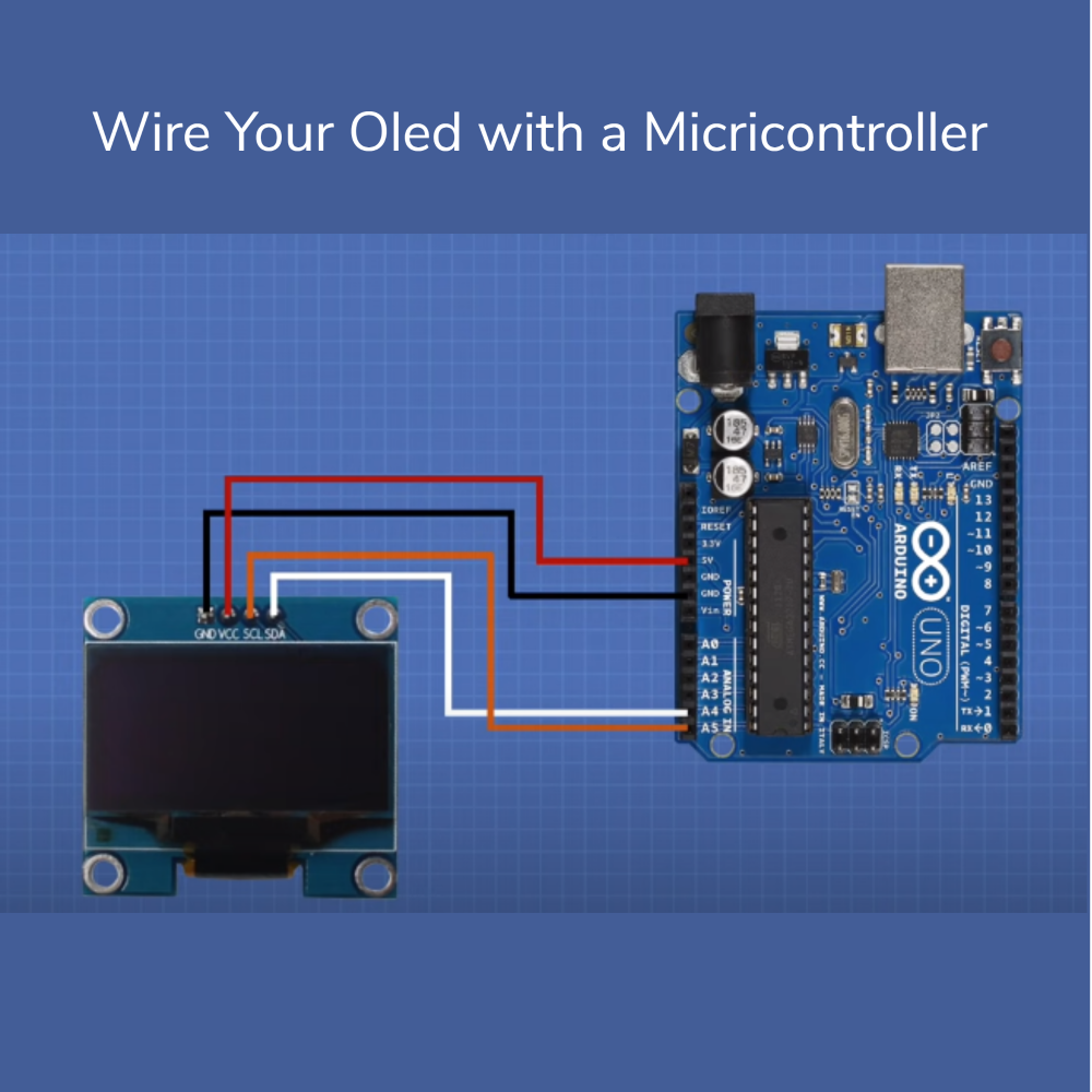 Diagram showing how to wire an OLED display with a microcontroller on a blue grid background.