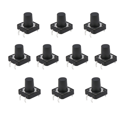 Ten black cylindrical buttons on a white background