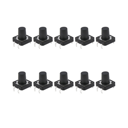 Set of eight black cylindrical buttons on a white background