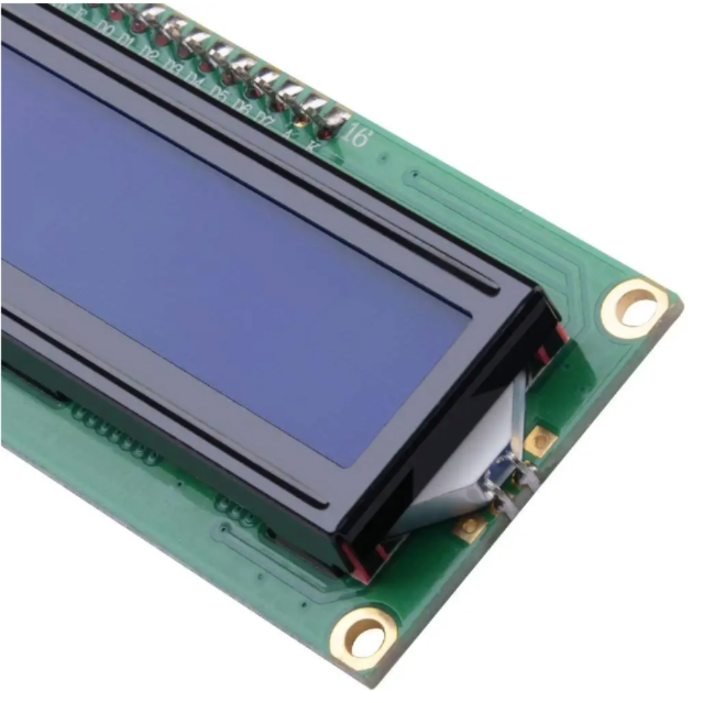 Close-up of an LCD display module with a blue screen on a white background