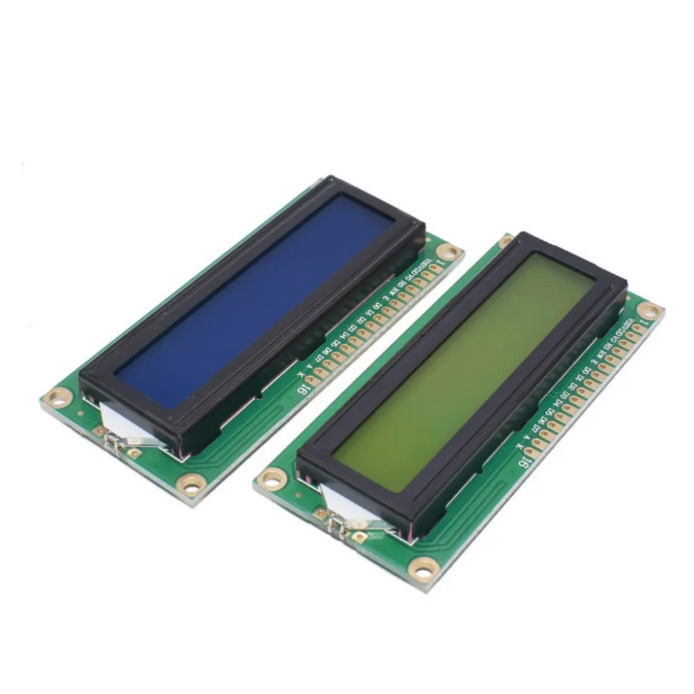 Two LCD modules with blue and green displays on a white background