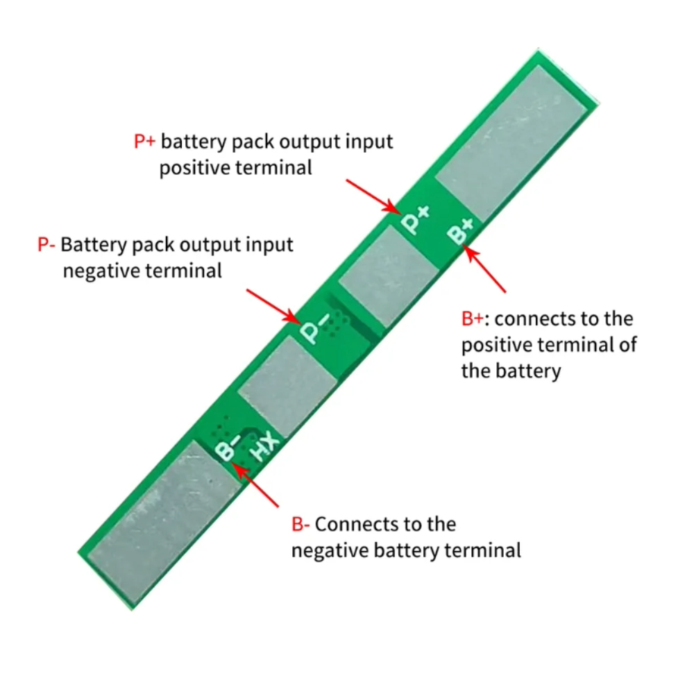 Diagram of a battery pack with labeled terminals on a white background