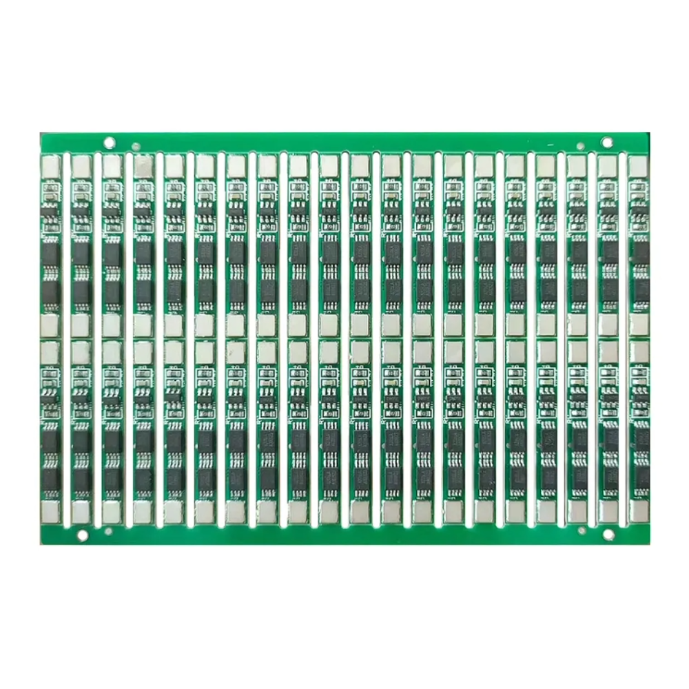 Multiple green printed circuit boards on a white background