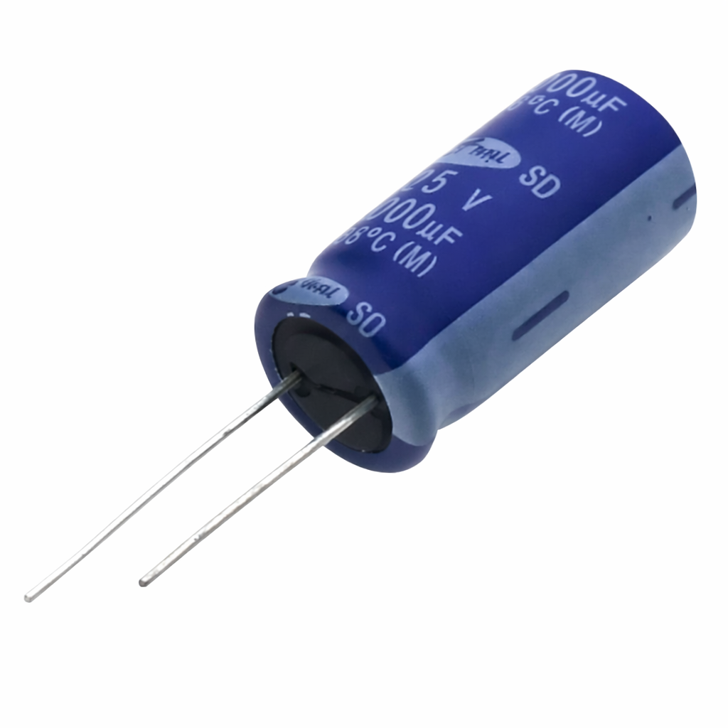 Blue capacitor with metal leads on a white background