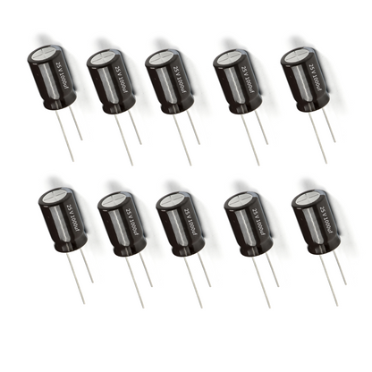 Row of black electrolytic capacitors on a white background