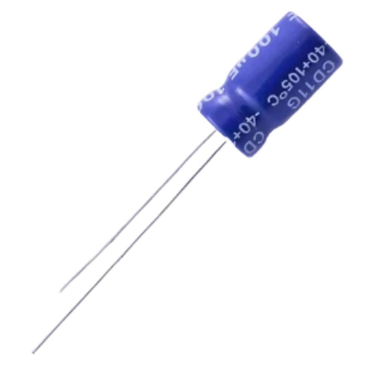 Blue cylindrical capacitor with two leads on a white background