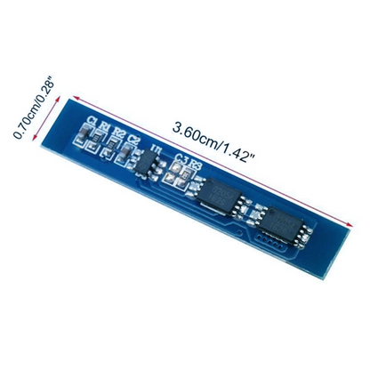 Blue electronic component with dimensions labeled on a white background