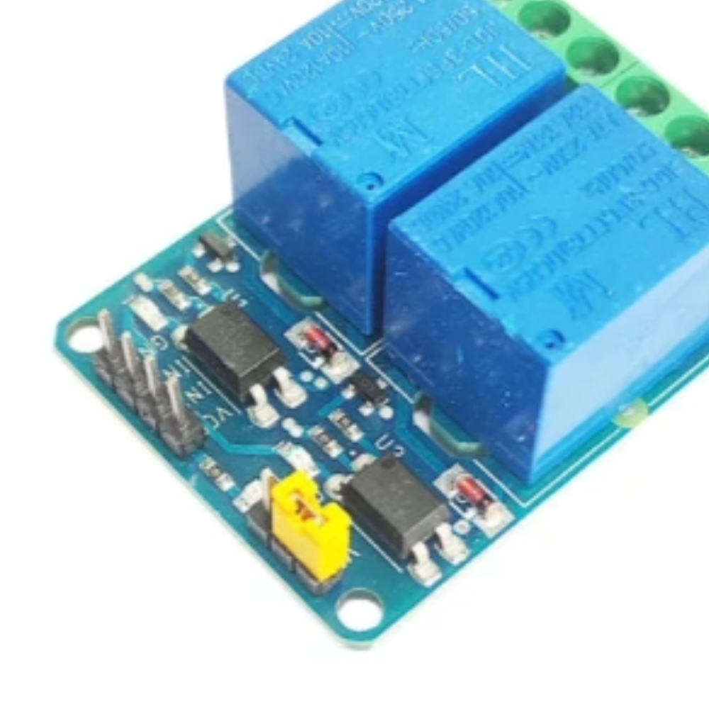 Relay module with two blue relays on a green PCB