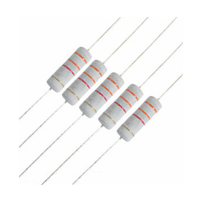 Five resistors with color bands on a white background