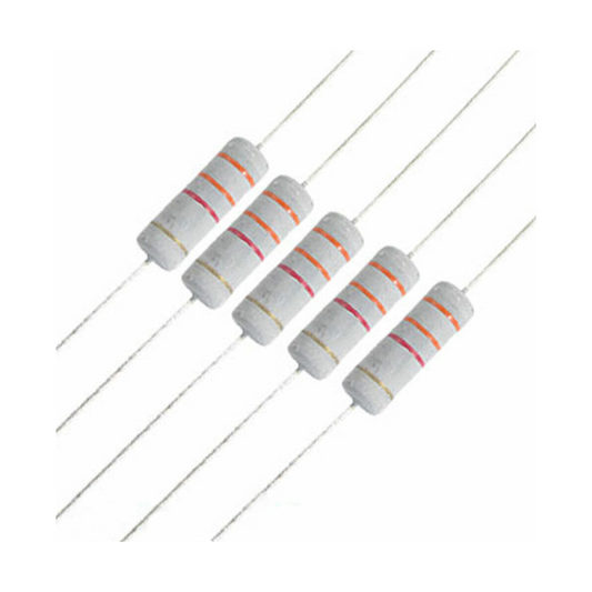 Five resistors with color bands on a white background
