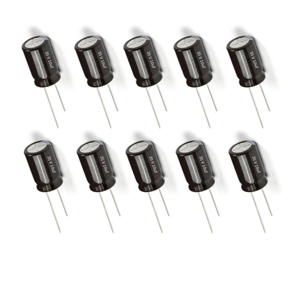 Row of black electrolytic capacitors on a white background