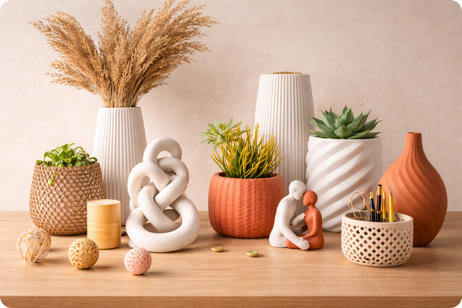 Maisonup homepage category image featuring 3D printed decor products, decorative lamps, vases, planters, microcontrollers, sensors and DIY electronic components.