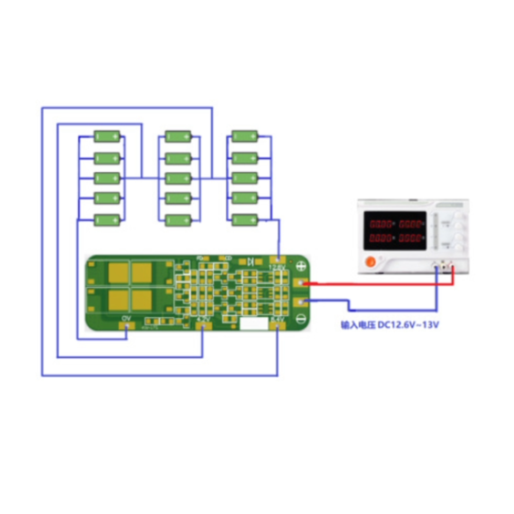 Diagram of electronic components and a power supply on a white background