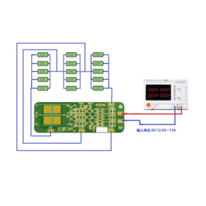 Diagram of electronic components and a power supply on a white background
