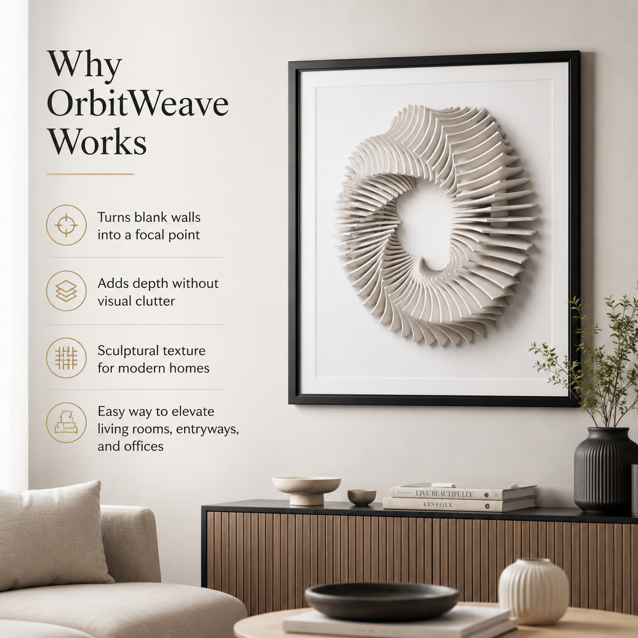 Framed 3D wall art featuring a sculptural spiral design in light beige wood or acrylic, displayed on a neutral wall in a modern living room setting. The image includes marketing text on the left explaining the product's benefits.