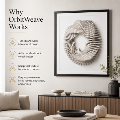 Framed 3D wall art featuring a sculptural spiral design in light beige wood or acrylic, displayed on a neutral wall in a modern living room setting. The image includes marketing text on the left explaining the product's benefits.