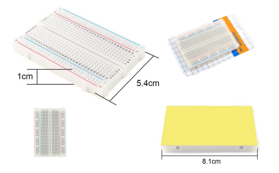 Measurement chart of a breadboard with dimensions labeled