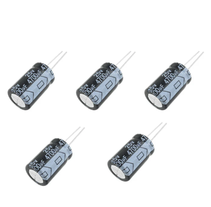 Five electrolytic capacitors on a white background