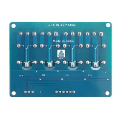 4-channel relay module with visible branding on a blue background
