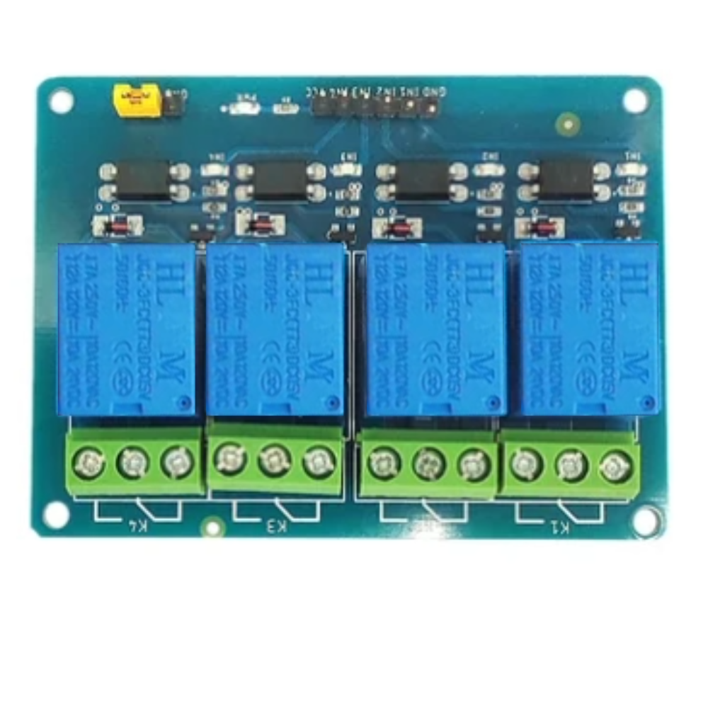 Electronic relay module with four blue relays on a green PCB