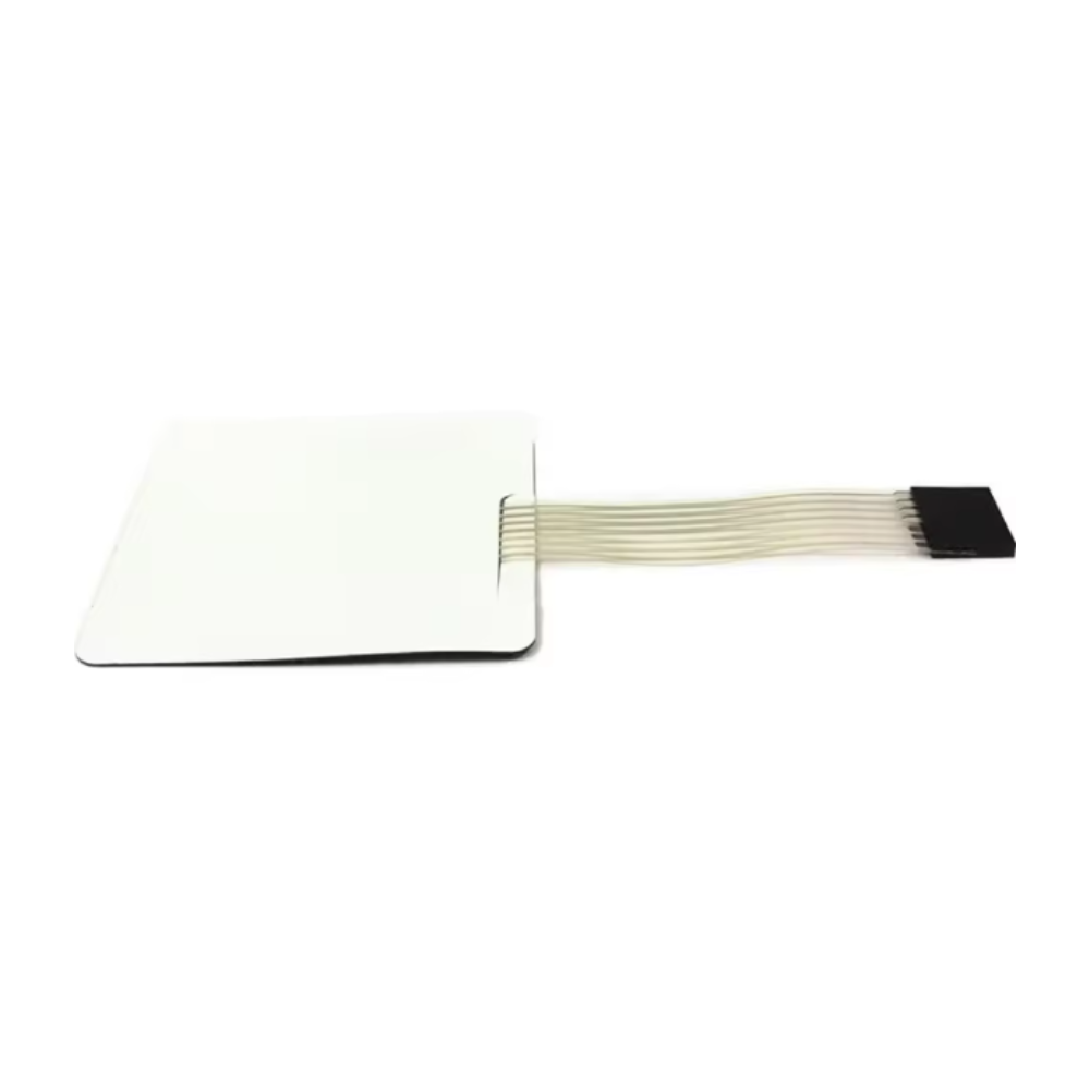 Rectangular white component with a black edge and a cable on a white background