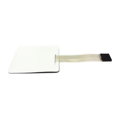 Rectangular white component with a black edge and a cable on a white background